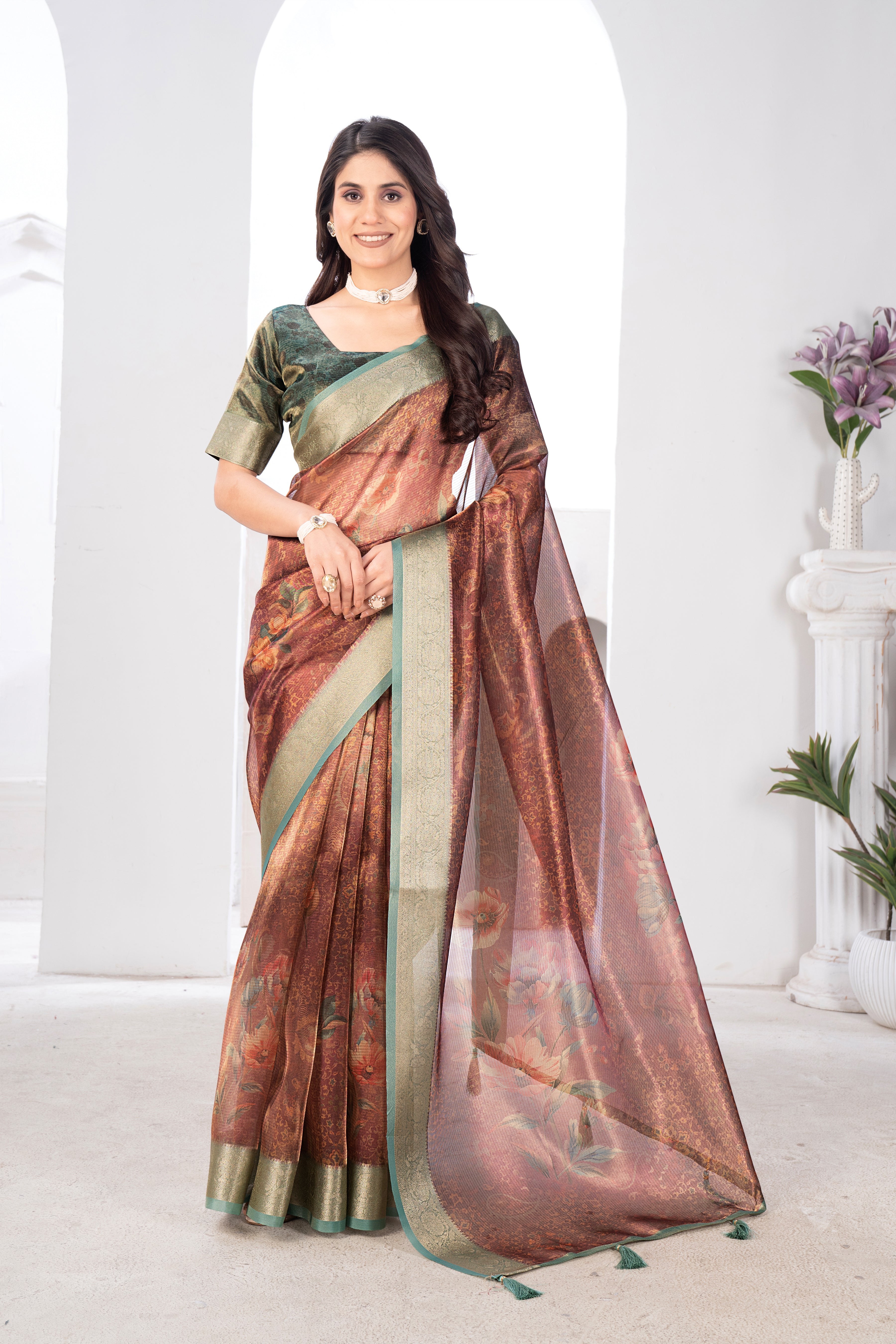 Rust Orange Shine Silk Floral Saree